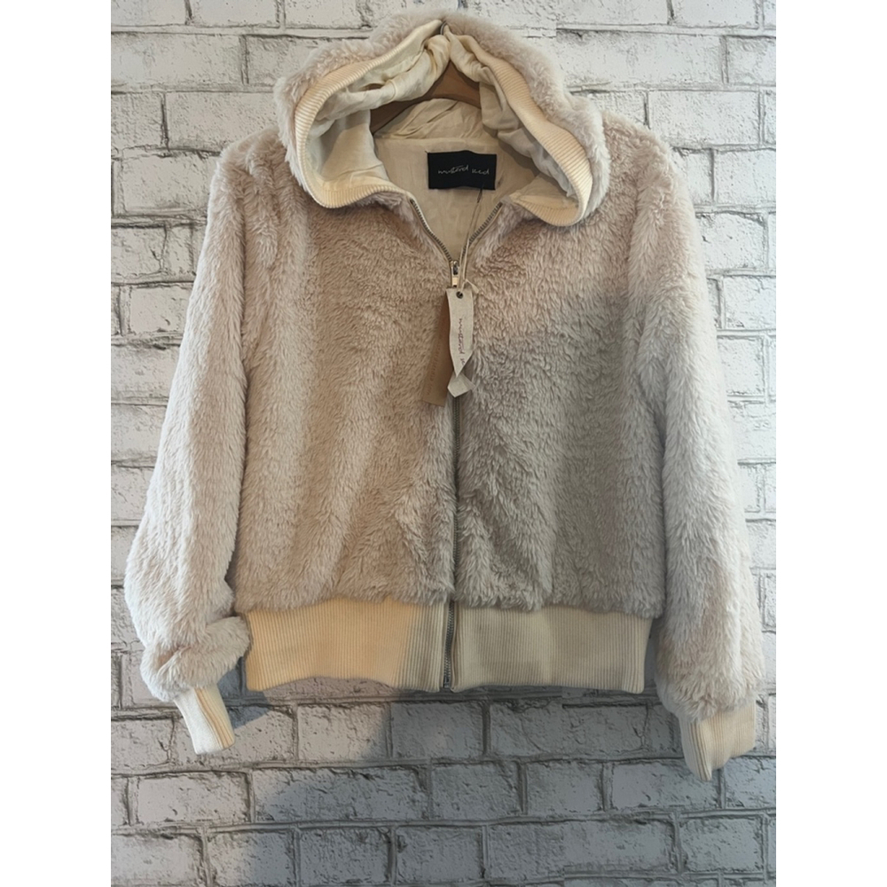 NWT Mustard Seed Faux Fur Hooded Zip Up Size Medium Cream